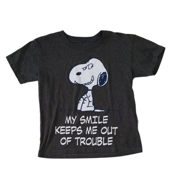 2/$15 Peanuts Snoopy Graphic T Shirt Gray XS My Smile Keeps Me Out Of Trouble - Picture 1 of 5